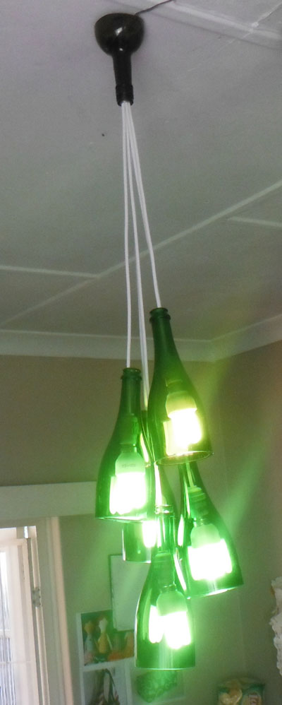 upcycled wine bottle chandelier